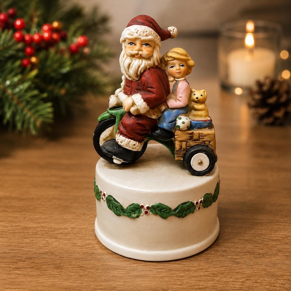 Vintage Ron Gordon Santa Child Tricycle Music Box Taiwan Christmas Wind Up